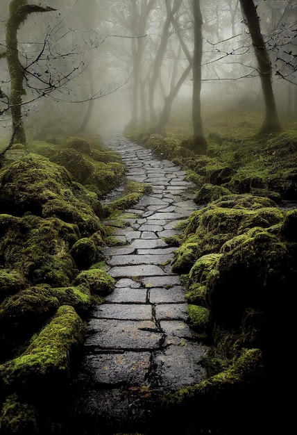 Beco musgoso com caminho de pedra na floresta surreal