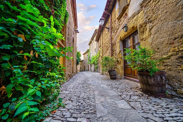 Beco pitoresco com casas de pedra e plantas e videiras de paralelepípedos ao pôr do sol dourado Peratallada Girona Catalonia