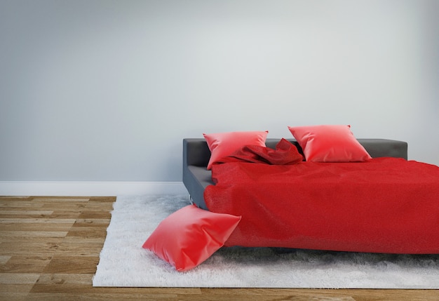 Bed Room Interior com cama preta e travesseiro vermelho com tapete