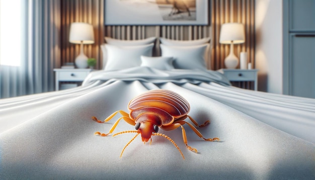 Bedbug-Kolonie auf einem weißen Laken auf einem Bett in einem Schlafzimmer