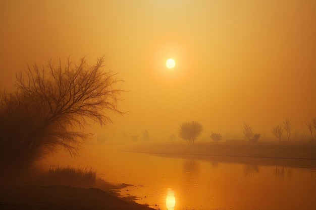 Bedeckt mit dichtem Smogdunst über dem Fluss vor dem Hintergrund der Sonne