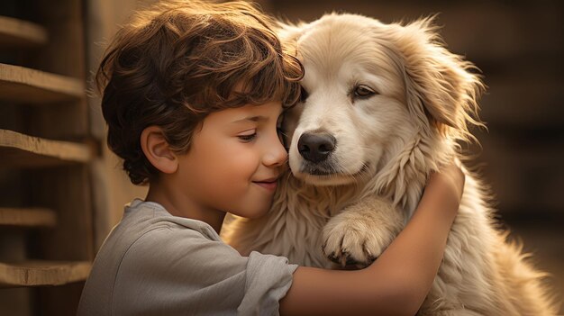Bedingungslose Liebe Eine herzerwärmende Szene eines jungen Jungen, der einen liebevollen Kuss mit seinem liebenswerten Hund teilt und das reine Band der Freundschaft festhält