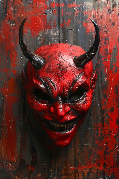 Foto bedrohliche rote dämonenmaske mit hörnern gegen einen verwitterten grunge-metall-hintergrund für halloween oder