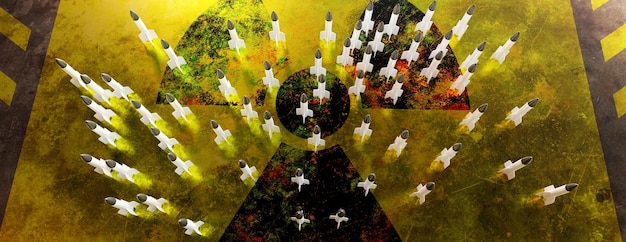 Bedrohung durch Atomwaffen Militärrakete auf gelb-schwarzem Strahlungsschild Hintergrund 3D-Rendering