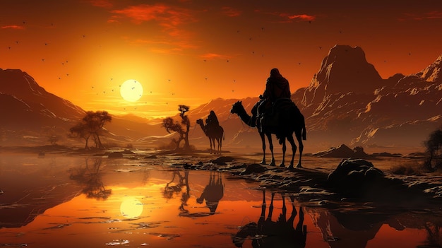 Beduínos com camelos encontram o nascer do sol no deserto em close-up extremo IA generativa