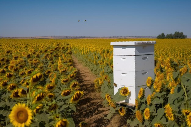 Foto bee vectoring technologies bvt bietet hochgezielte lösungen zur bekämpfung von schädlingen und krankheiten durch biologische bekämpfung beehive mit bienen unter den landwirtschaftlichen ai-generatoren