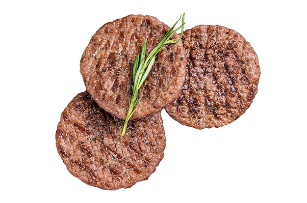 Beef Burger Patty Schnitzel für Hamburger gegrillt auf BBQ auf Marmorplatte mit Rosmarin isoliert auf weißem Hintergrund