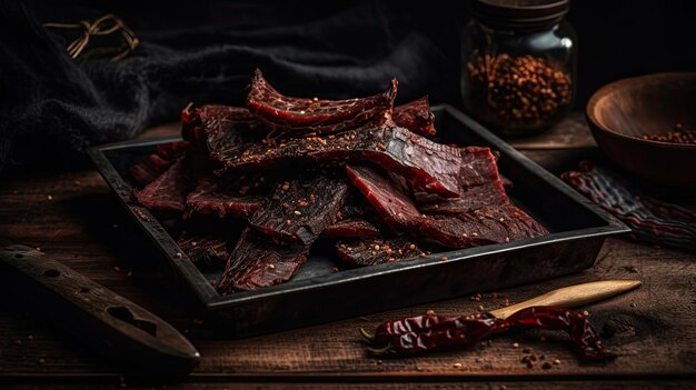 Beef Jerky en un plato con fondo borroso