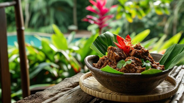 Beef Rendang vor der Kulisse eines tropischen Gartens