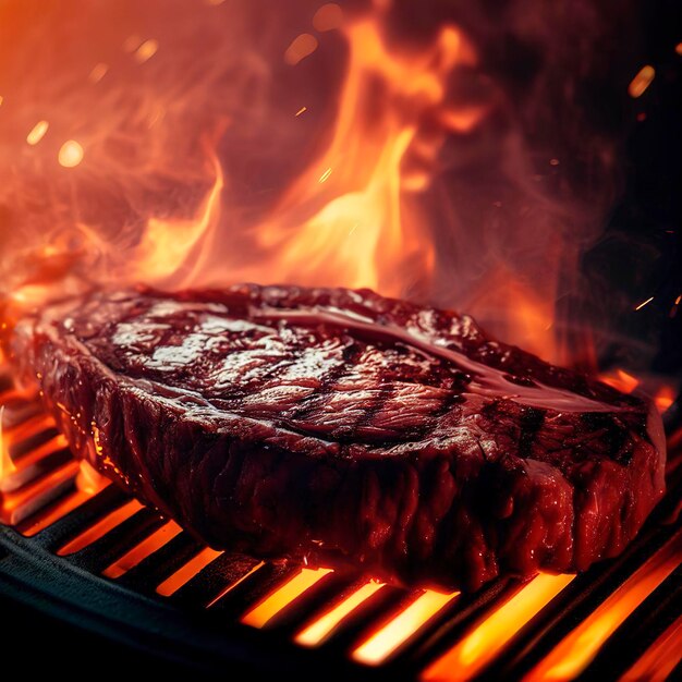 Beef ribeye steak asado en una parrilla en llamas durante el 4 de julio