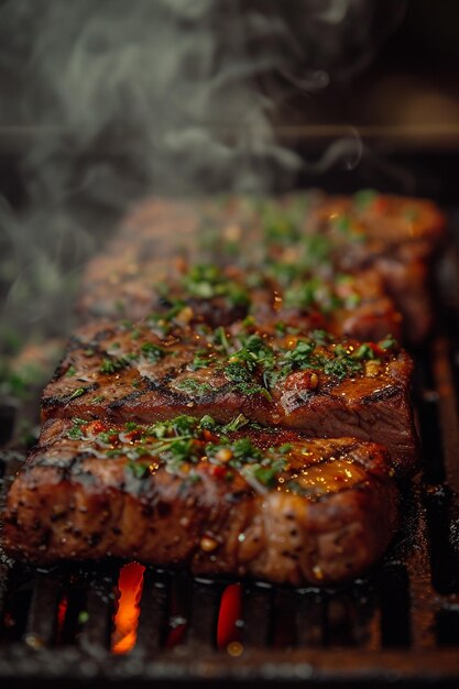 Beef steaks em churrasco com fumaça em close-up.