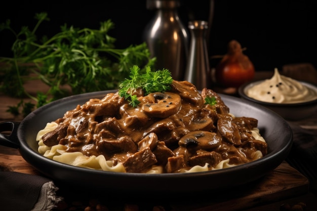 Foto beef stroganoff en piedra en un pub rústico