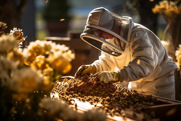 Foto beehive care aufmerksamer imker generative ki