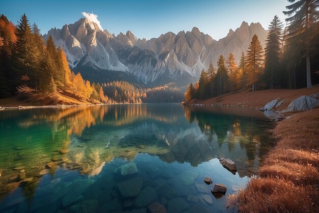 Beeindruckende Herbstlandschaft bei Sonnenuntergang Der Fusine-See vor dem Mongart unter Sonnenlicht Erstaunlicher sonniger Tag auf dem Bergsee Konzept eines idealen Ruhestandes Kreatives Bild