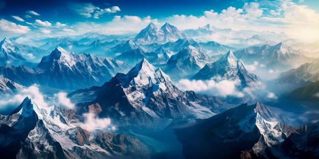 Beeindruckende Luftaufnahme einer riesigen Bergkette mit schneebedeckten Gipfeln, die durch die Wolken ragen, tiefe Täler und kurvenreiche Wanderwege, die zu atemberaubenden Aussichtspunkten führen. Generative KI