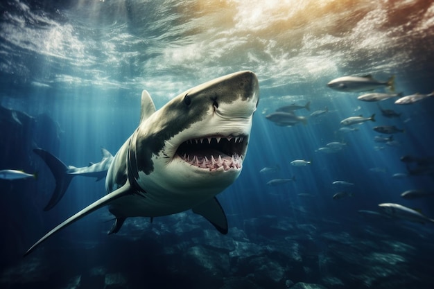 Beeindruckender großer Hai unter Wasser, sonniges Unterwasser-Raubtier, erzeugt KI