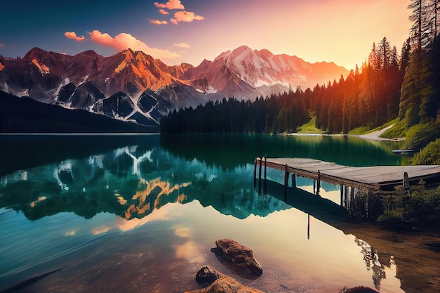 Beeindruckender Sommersonnenaufgang am Eibsee mit Zugspitzgebirge Generative Ai