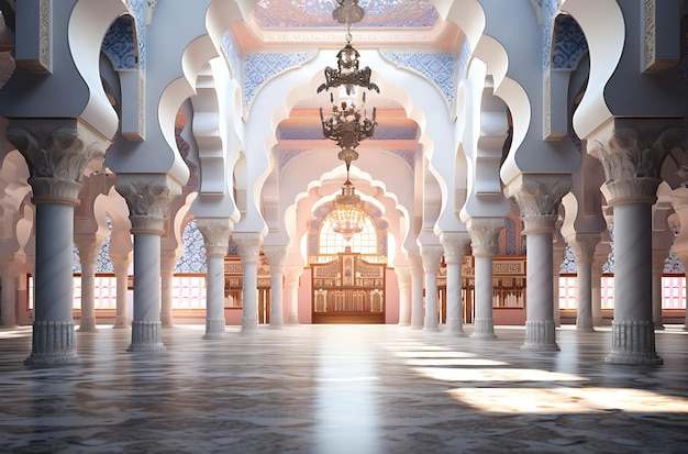 Beeindruckendes Interieur einer Moschee mit goldenem und weißem Thema „Generative Ai“.