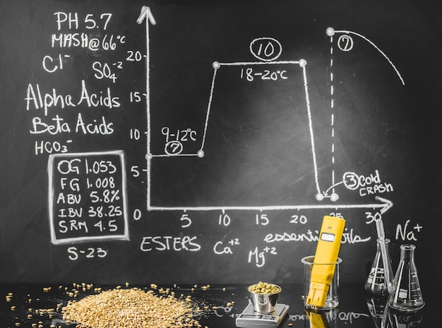 Foto beer science black board com dados gráficos e especificações, grãos de lúpulo e ferramentas sobre o processo de produção