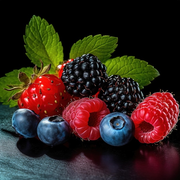 Beeren Brombeere Himbeere Heidelbeere rote Johannisbeere und Minze Hintergrund generative KI