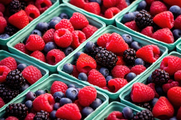 Beeren in einer Kiste, Himbeeren, Blaubeeren, Brombeeren, Bauernmarkt, Beerensortiment, Nahaufnahme, Erdbeeren, Blaubeeren, Himbeeren in Kisten, KI-generiert