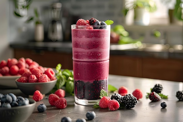 Beeren-Layer-Smoothie mit Blaubeeren, Himbeeren und Brombären