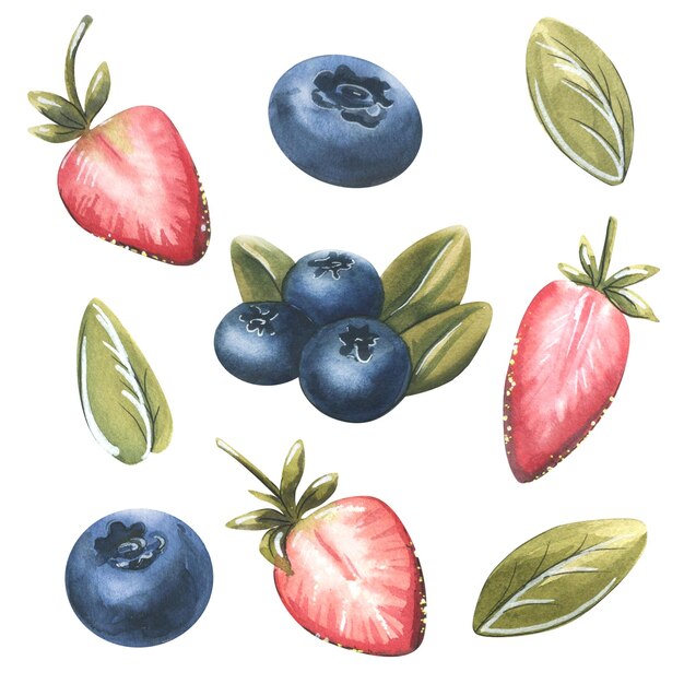 Beeren mit Blättern Heidelbeeren Erdbeeren Aquarellillustration Isolierte Objekte aus einer großen Reihe von SÜßIGKEITEN Für Dekorationsdesign und Kompositionen von Verpackungsmenüs Werbelogo