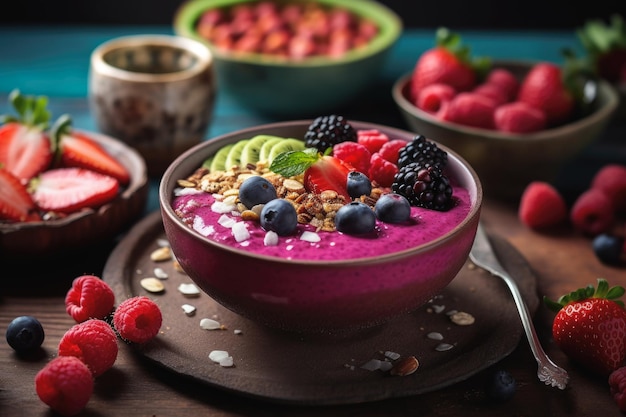 Beeren-Smoothie-Bowl präsentiert in tropischer Umgebung AI Generative