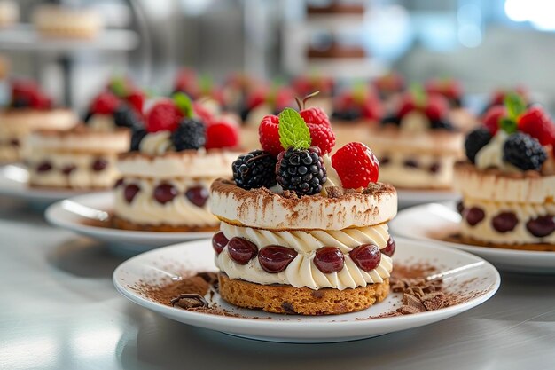 Beeren-Tiramisu-Dessert mit Zimt und Kaffee, garniert mit Himbeeren und Minze