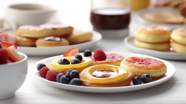 Beeren und Früchte mit Pfannkuchen zum Frühstück Generative KI