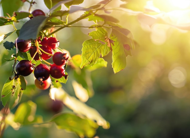 Beeren wachsen auf einem Baum im Erntegarten bei einer ewigen Sonneneruption.