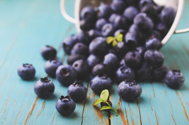 Beerenblaubeeren (Heidelbeere) auf einem blauen hölzernen Hintergrund, selektiver Fokus.