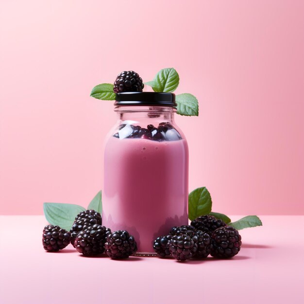 Beeriger Sommer-Smoothie in einer Glasflasche auf zartrosa Hintergrund mit Blaubeeren