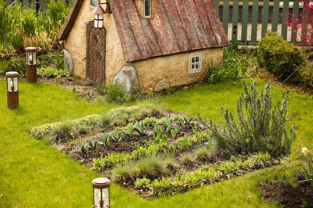 Foto beete mit pflanzen im gemüsegarten. frühlingsküchengarten und kleines landhaus.