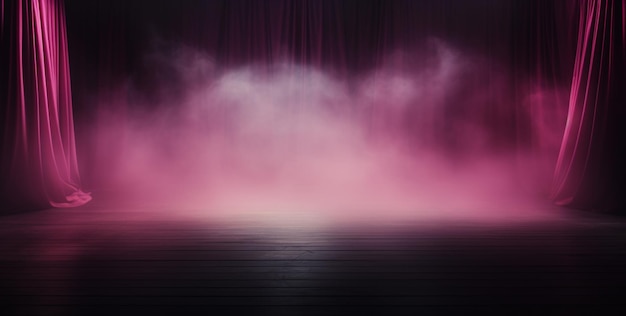 Befestigte Bühne mit rosafarbenen Vorhängen und einem Scheinwerfer mit raucherzeugender KI