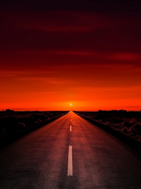 Befestigte Straße mit einem Sonnenuntergang im Hintergrund und einem generativen Himmel mit rotem Himmel