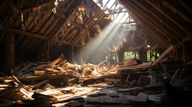 Befestigter Dachboden mit durch das Dach scheinendem Sonnenlicht und generativer KI aus Holz