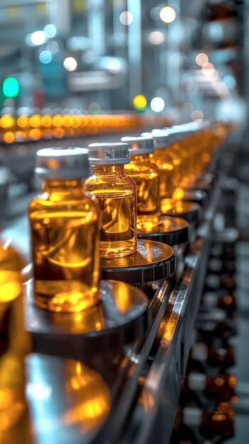Foto beförderband für die beförderung von reihen von kleinen glas-arzneiflaschen der pharmazeutischen produktion