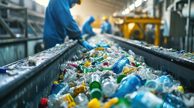 Beförderband mit Plastikflaschen in einer Müllverarbeitungsanlage