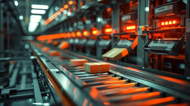 Befördergurt in einer Fabrik mit orangefarbenen Lichtern