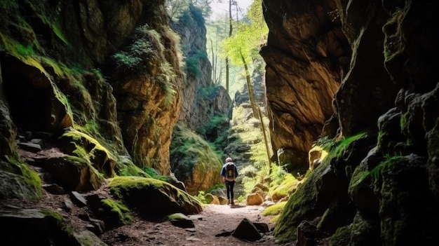 Begeben Sie sich auf eine Entdeckungsreise und wandern Sie zu einer geheimen Höhle inmitten der atemberaubenden Berge. Der Weg entfaltet sich vor Ihnen. Von KI generiert