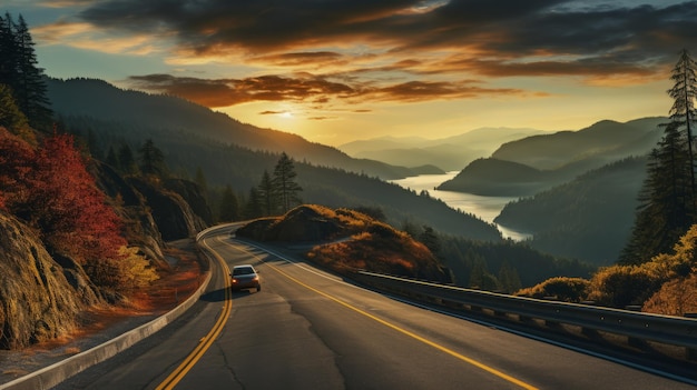 Begeben Sie sich auf eine epische Reise, die atemberaubende Landschaften entlang der SunsetKissed Mountain Roads A enthüllt.