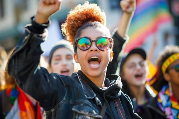 Begeisterte junge Frau bei einem friedlichen Protest