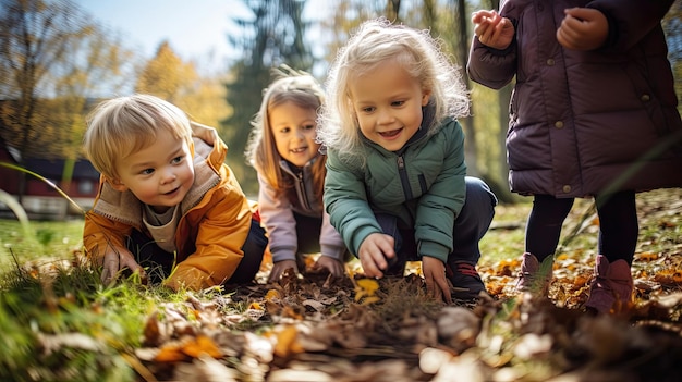 Begeisterte Kinder im Vorschulalter, während sie mit großer Neugier die Wunder der Natur erkunden. Generiert durch KI