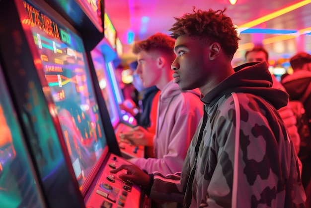 Begeisterte Spieler der 80er-Jahre konkurrieren auf Retro-Arcade-Maschinen, umgeben von Neonlichtern und Klassen.