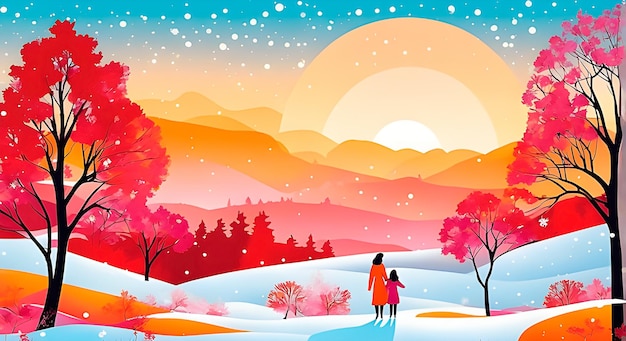 Beginn der Wintersaison auf einer Landschaft mit einer Mutter und einer Tochter Silhouetten im Cartoon-Stil