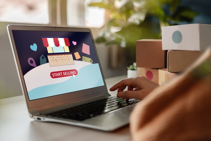 Foto beginnen sie mit dem verkauf von online-konzepten. junge frau, die computer-laptop benutzt, um ihren eigenen laden im online-marktplatz zu eröffnen. internet, das menschen hilft, von zu hause aus zu arbeiten