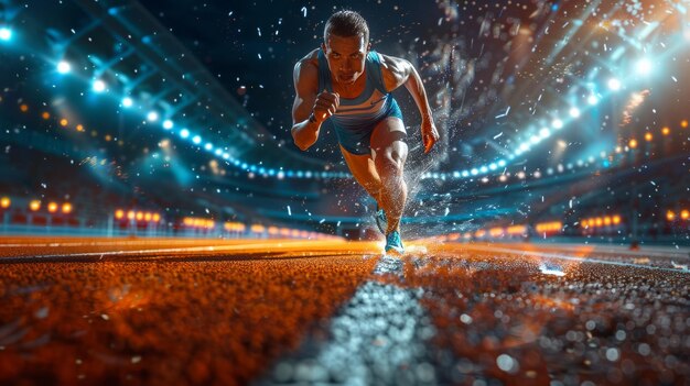 Beginnende Sprint-Athleten Konzentration und Energie Stadionatmosphäre aufregende Flutbeleuchtung für den Nachtwettbewerb KI Generative