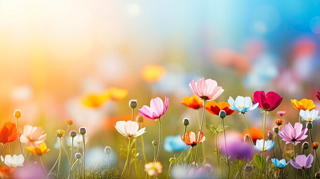 Foto begrüßen sie die schönheit der natur farbige blumenwiese mit sonnenstrahlen und bokeh-lichtern perfekt für