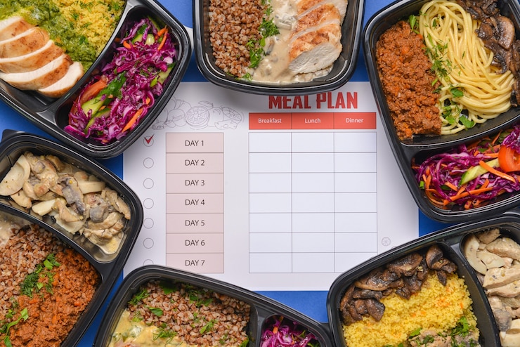 Foto behälter mit gesundem essen und speiseplan auf farbe